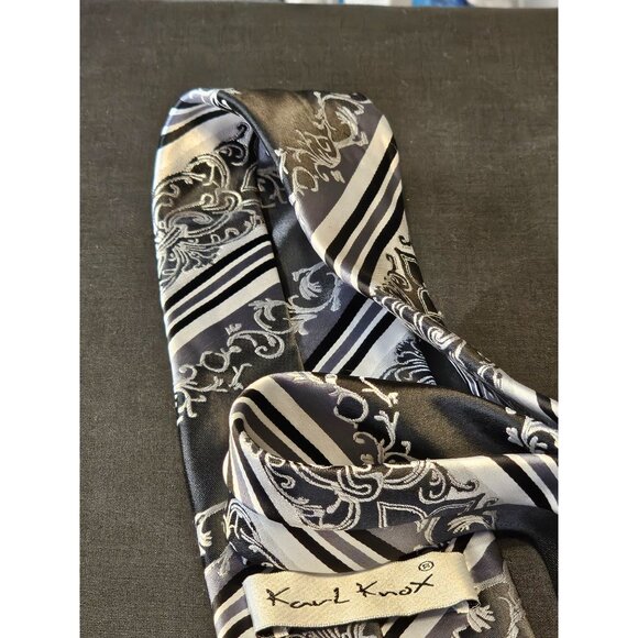Karl Knox Mens Silver & Black Floral Stripe Necktie - Picture 7 of 10